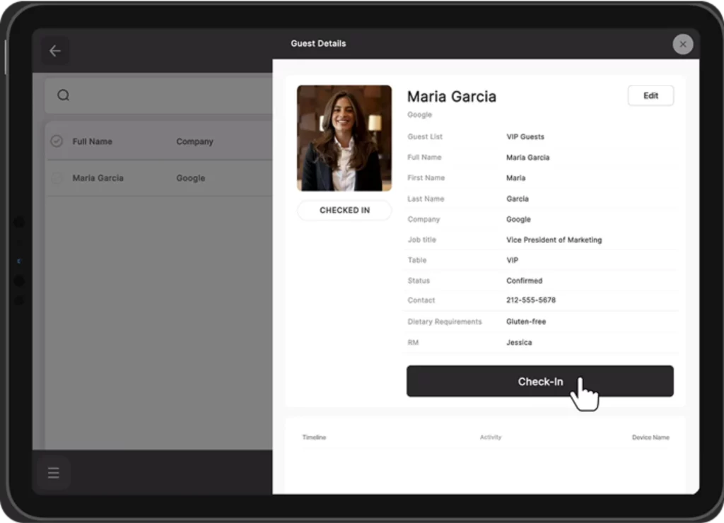 Event guest check-in profile